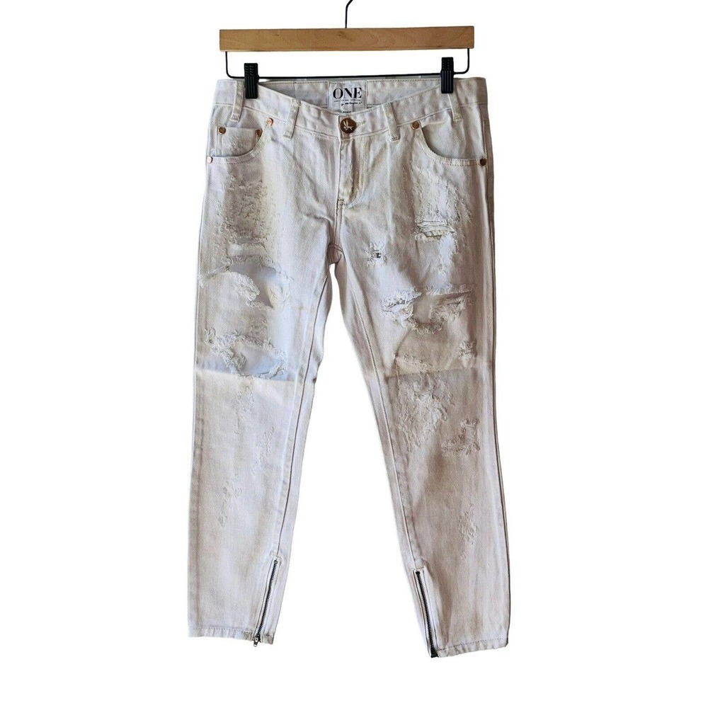 ONE Teaspoon Size 25 Dirty White Trash Destroyed & Stained Boyfriend Jeans - New